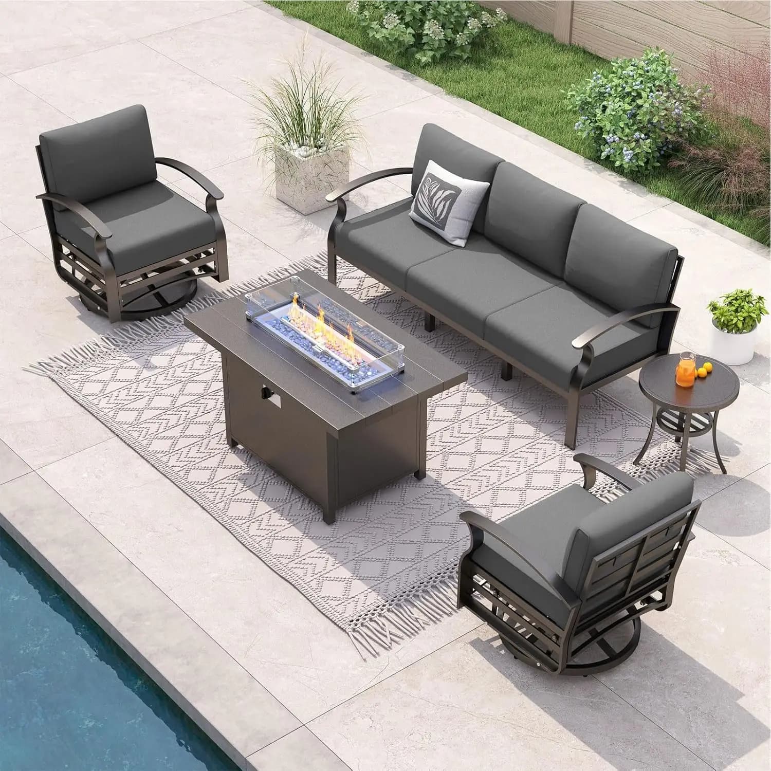 Set di Mobili da Patio in Alluminio con Tavolo con Braciere a Propano, Arredamento da Esterno in Metallo a 5 Posti con Braciere, Divano Sezionale da Patio Personalizzabile