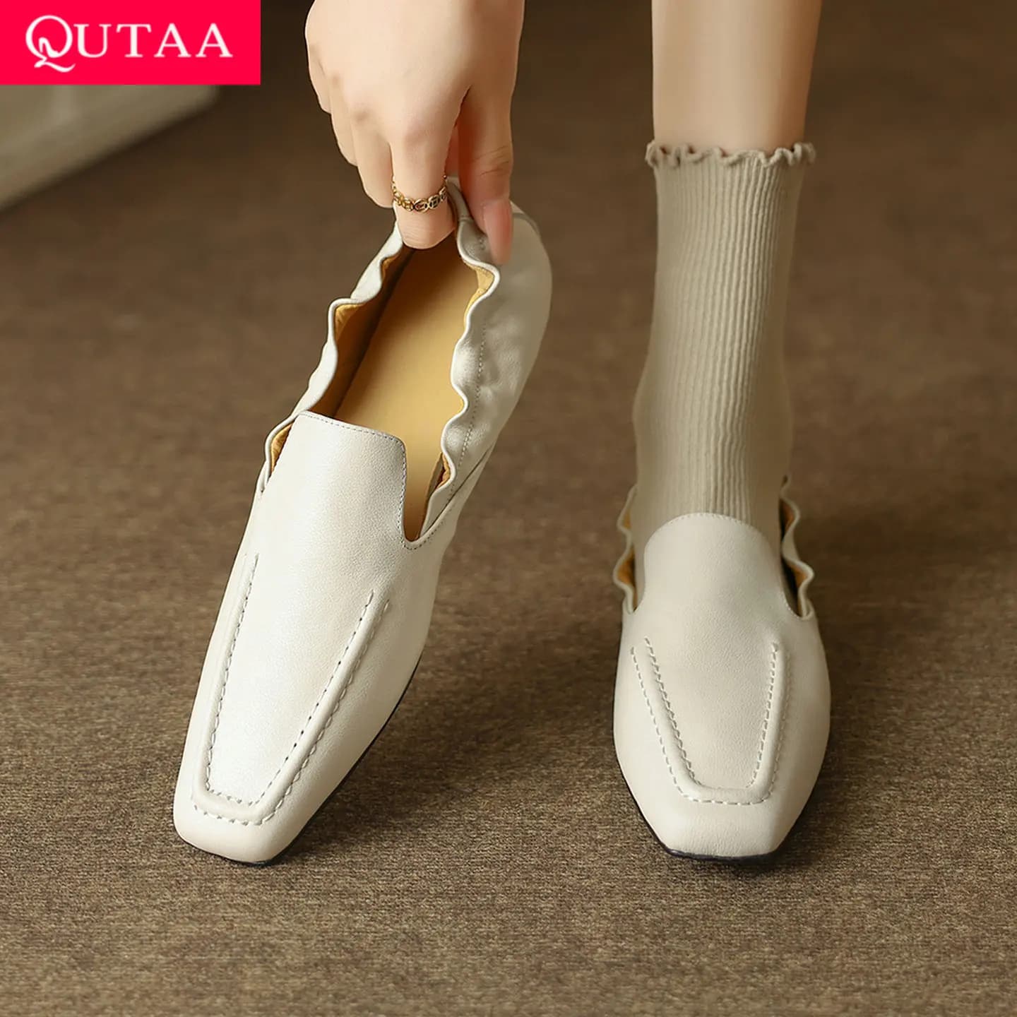 QUTAA 2026 Scarpe Basse da Donna alla Moda, Mocassini Casual Primaverili in Vera Pelle di Vacchetta, Scarpe Casual con Punta Tonda per Signore 34-40