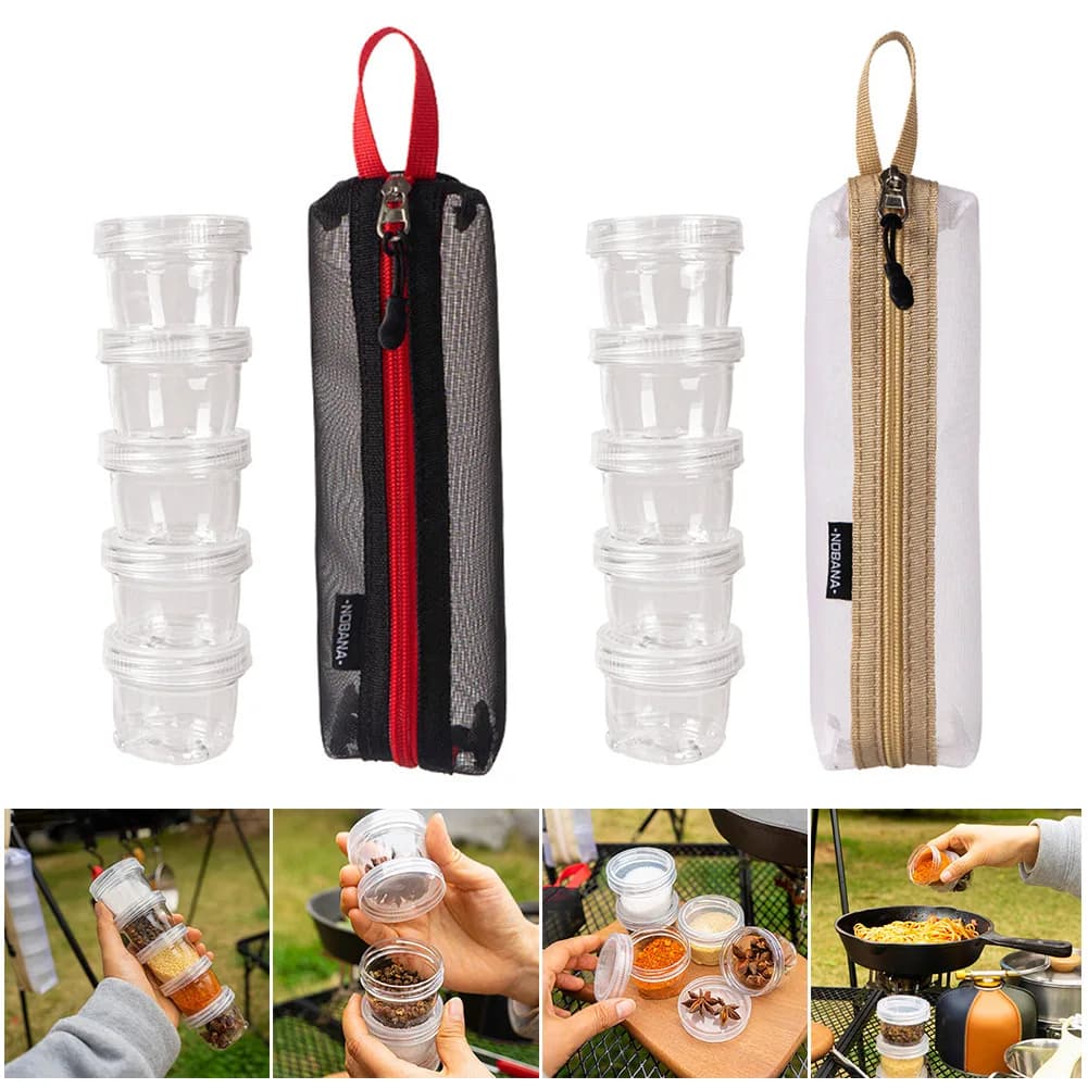 Set di bottiglie di spezie da 5 pezzi/pacco Contenitore multifunzionale per condimenti per insalata da 40 ml con custodia per campeggio all'aperto, barbecue, pesca
