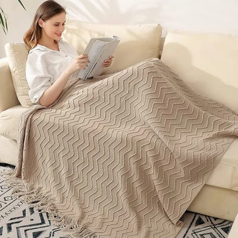 Coperta Regalo Khaki Wave, Coperta Testurizzata a Maglia Grossa con Nappine, Plaid Decorativo Boho Nordico Classico per Divano
