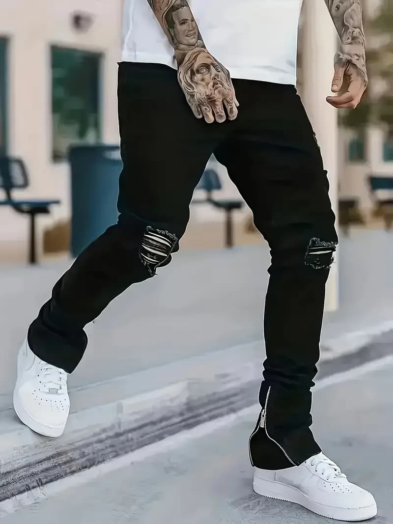 Jeans neri slim fit da uomo - Street Style, misto cotone, tessuto medio elasticizzato, dettagli strappati, abbigliamento per tutte le stagioni