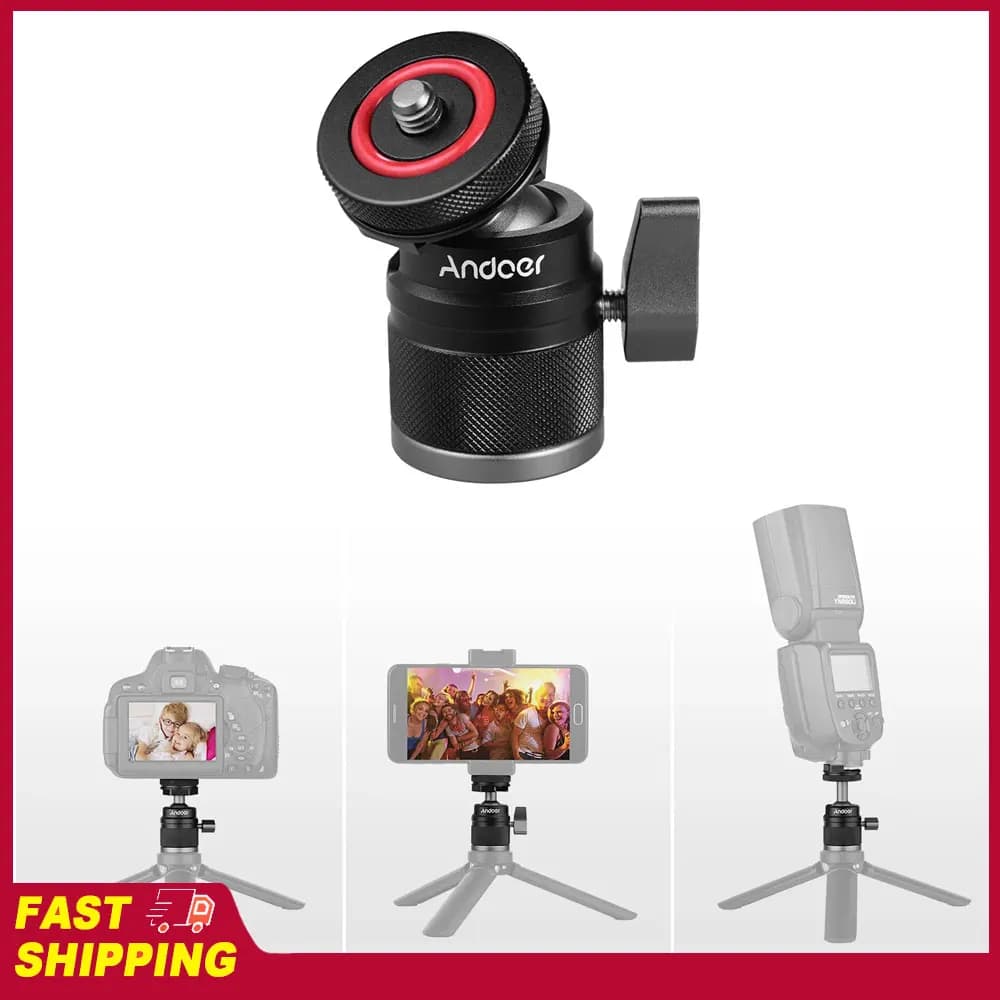 Testa a sfera Andoer 2 in 1 a doppio uso in lega di alluminio con montaggio a vite da 1/4 360 ° Supporto per Fotocamera e Telefono, Treppiede per Flash, Asta Selfie