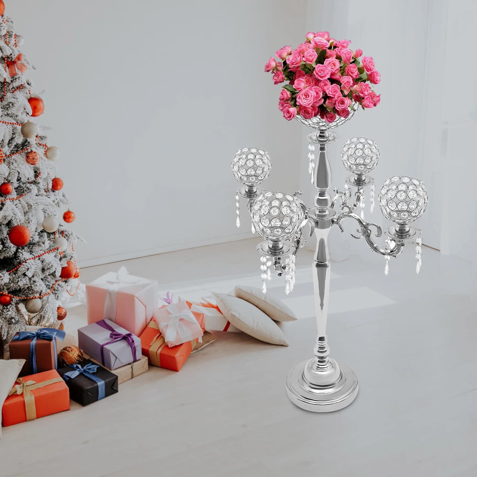 Candelabro in cristallo argento a 4 bracci da 35 pollici con vaso a 1 bracci - candela e portacandele floreale, centrotavola per matrimonio, Halloween, Natale