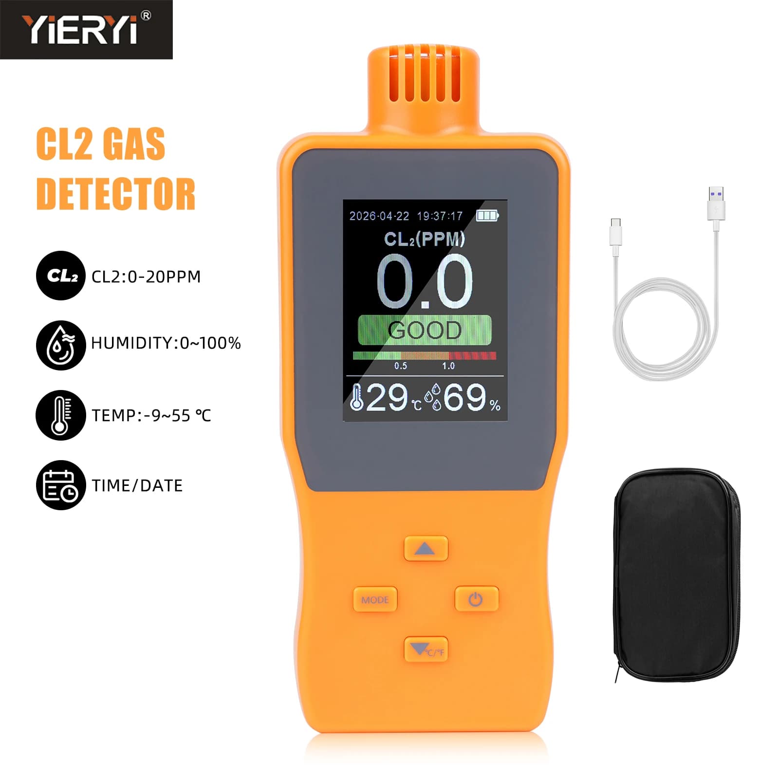 4 in 1 Digital Gas Detector CL2/CO/H2S/EX/SO2 Multi Combustible Gas Analyzer Data Logger Temp Humidity Air Monitor Rechargeable