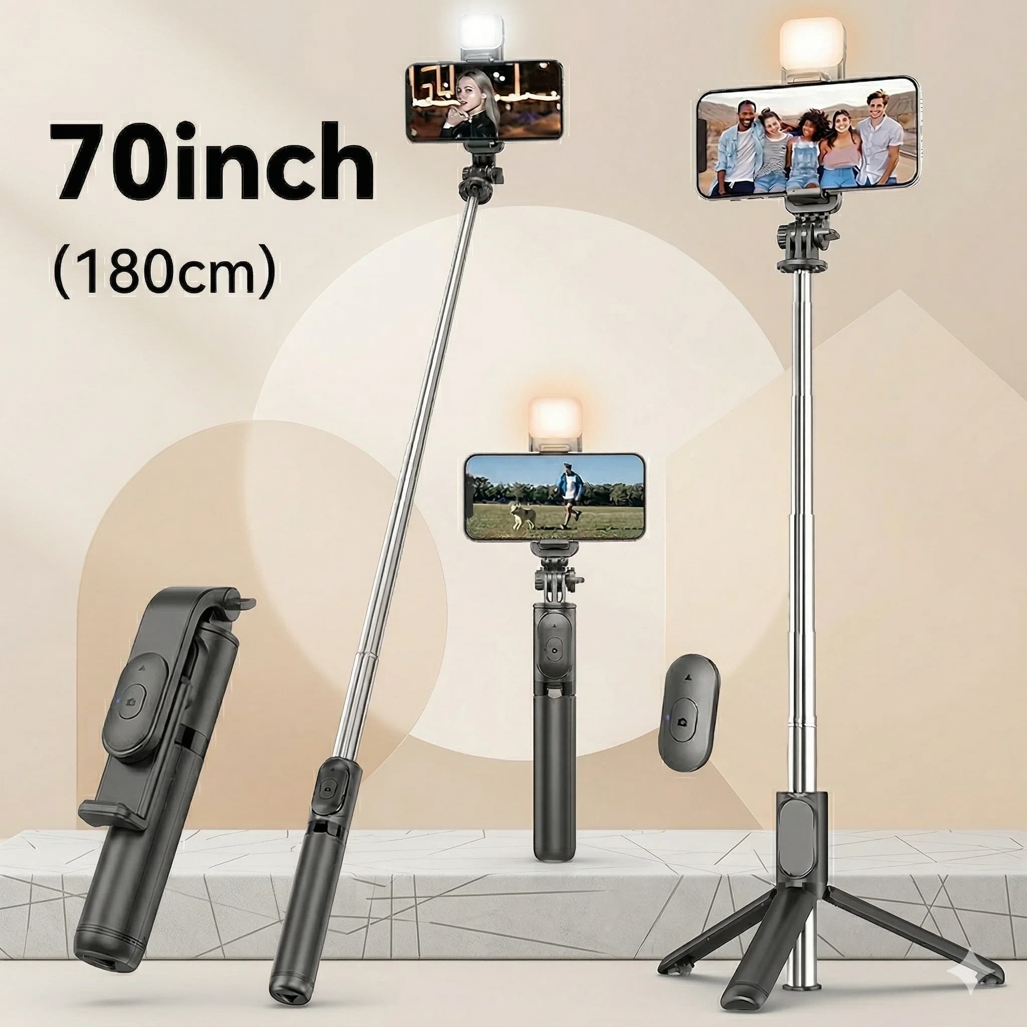 70'''' selfie tripod with ring light and Bluetooth remote control – Extensible phone support for vlogging, live streaming, travel, iPhone/Android