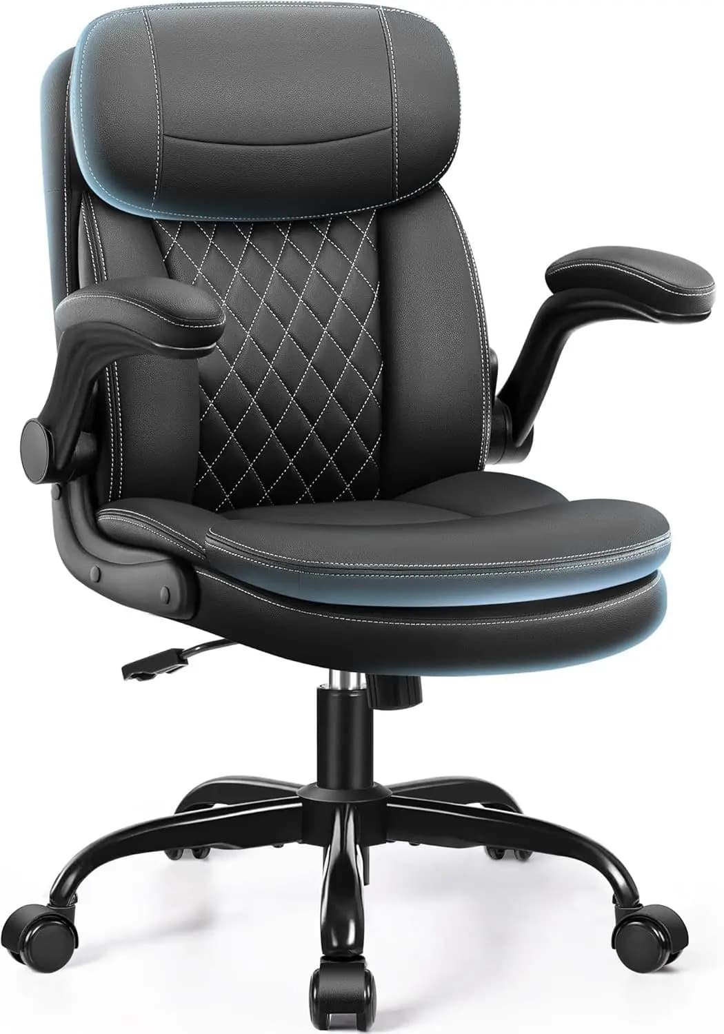 Sedia da ufficio ergonomica con cuscino a doppio strato, braccioli ribaltabili e poggiatesta per piccoli spazi, nera