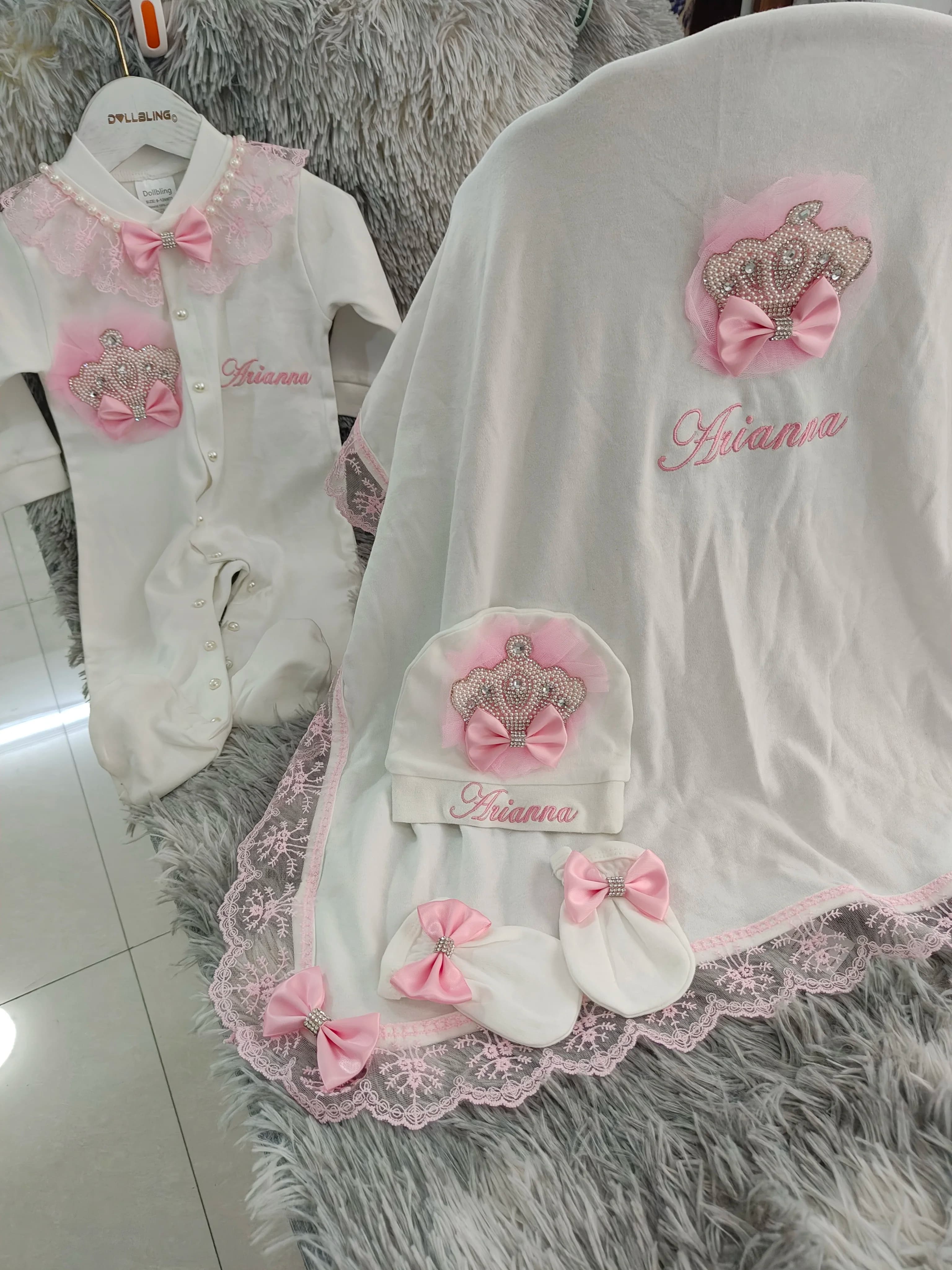 Exquisite Lace Patchwork Baby Romper 4 Piece Set Crown Embroidery Personalized Newborn Footed Jumpsuit