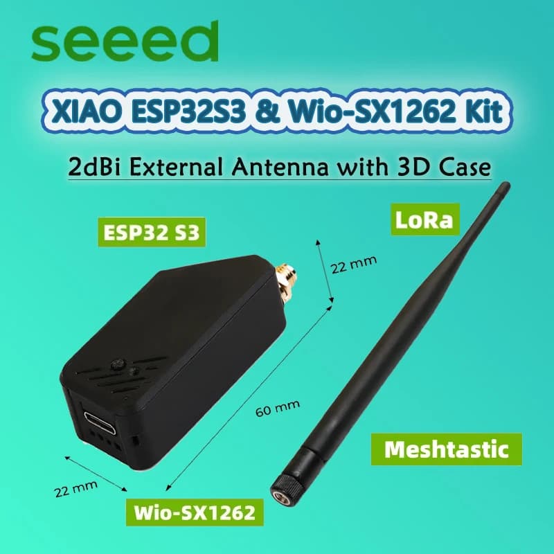 Kit Seeed XIAO ESP32S3 & Wio-SX1262, Antenna Esterna 2dBi con Custodia 3D per Meshtastic LoRa, 868MHz 915MHz, WiFi, BLE, LoRa