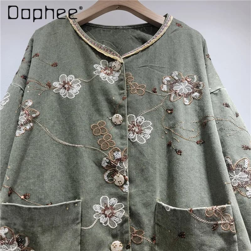 Heavy Industry Flower Embroidered Denim Jacket Women's 2026 Autumn New High End Retro Lace Printed Loose Slim Shorts Jackets