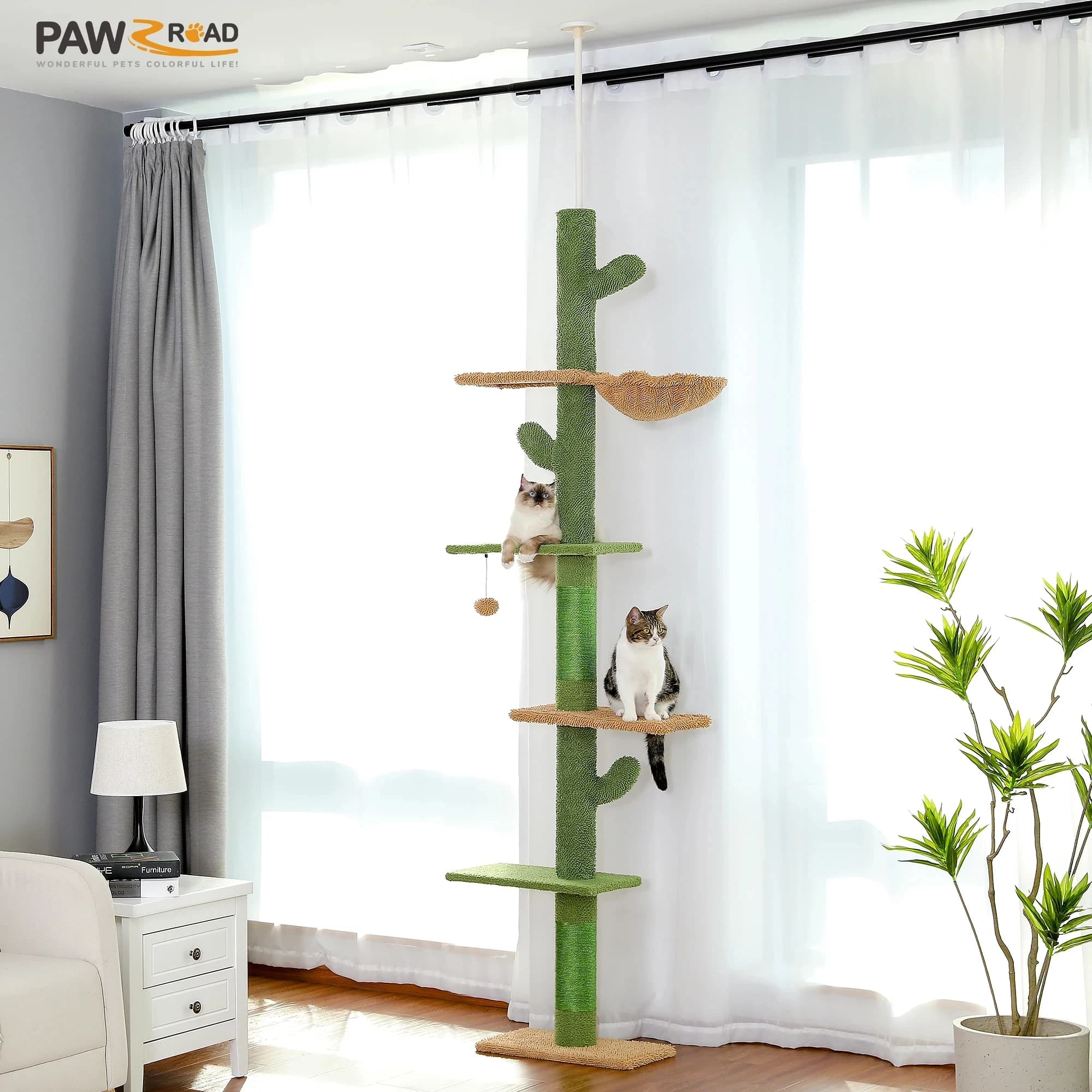 Albero per gatti a 5 livelli dal pavimento al soffitto Torre per gatti Cactus Alto albero da arrampicata con tiragraffi Amaca Palla pendente per gatti da interno