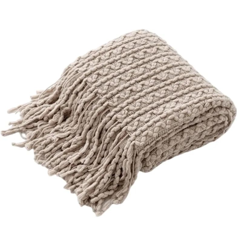 Khaki Boho Chunky Knitted Blanket with Tassel Vintage Luxury Sofa Couch Bedspread Summer Farmhouse Style Big Size Bed Cover Gift