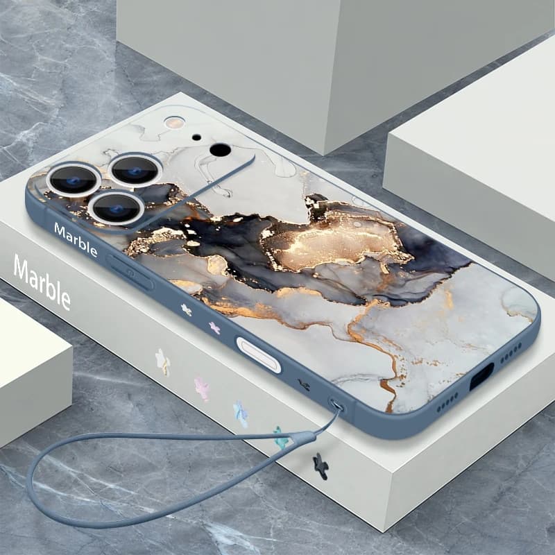 Gradient Marble Pattern Lanyard Phone Case For iPhone 17 Pro Max 17e 16 15 14 13 Pro Max 16 Pro 16e 11 Shockproof TPU Soft Cover
