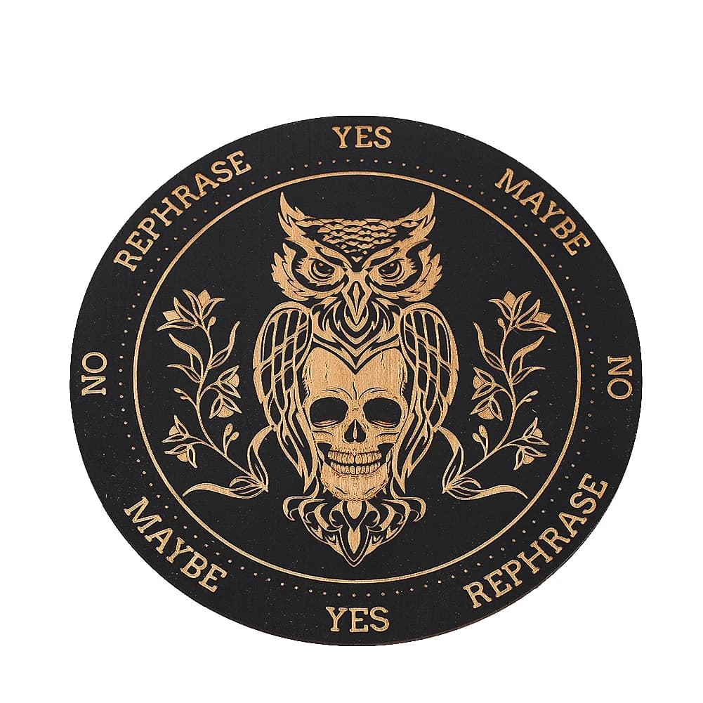 Pannello a pendolo Tavola di legno nera Inciso Gufo Teschio Rituale Piastra espositiva Meditazione Wicca Altare Tavolo Pratica spirituale Decor