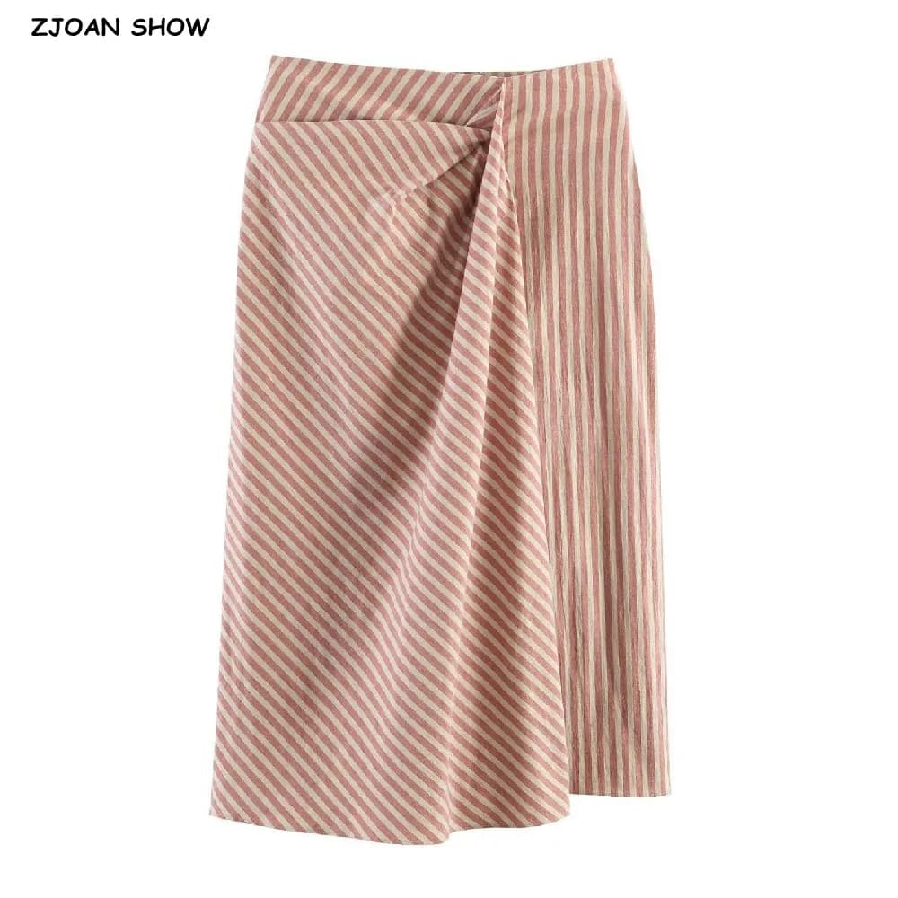 Gonna Lunga Midi Donna Primavera Estate Vintage Stampa Righe Arancioni e Albicocca con Arricciatura Frontale e Cerniera Laterale Vita Bassa Sakers