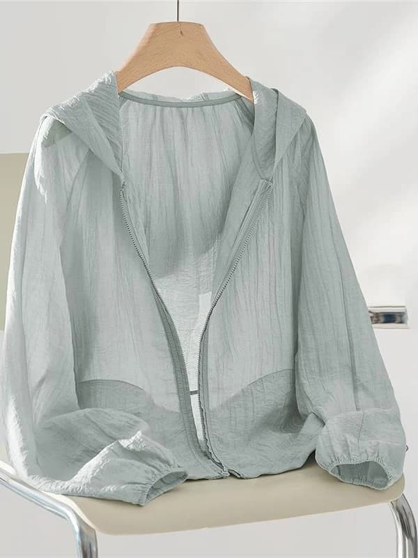 Oule Lightweight Silk Casual Breathable Women's Jacket Spring Summer New Style Sporty Top Zipper Closure Hooded Regular Sleeve