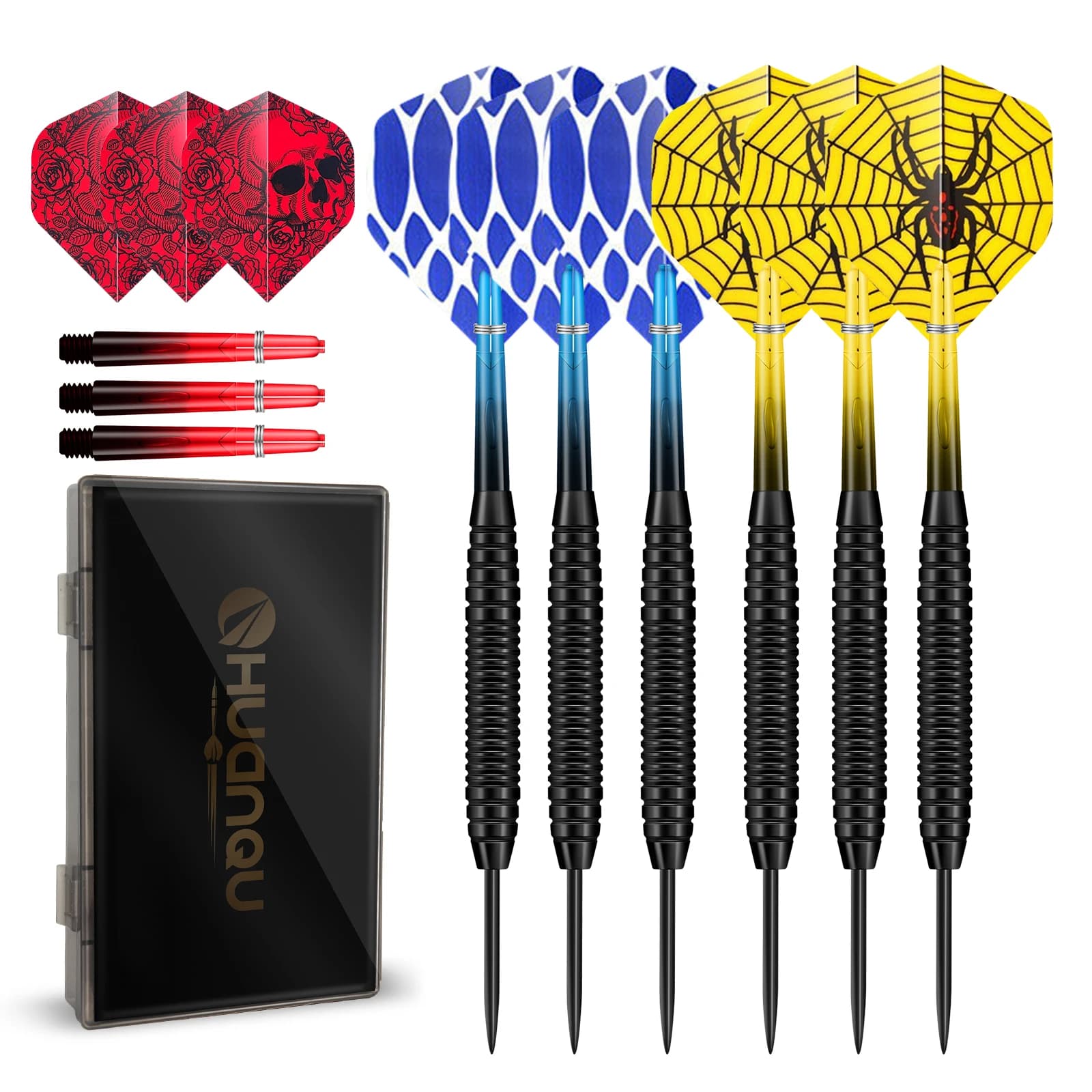 HUANQU 6Pcs 19g Steel Tip Darts Set Professional Knurled Grip Replacement Shafts Flights Carry Case for Dartboard Training Game