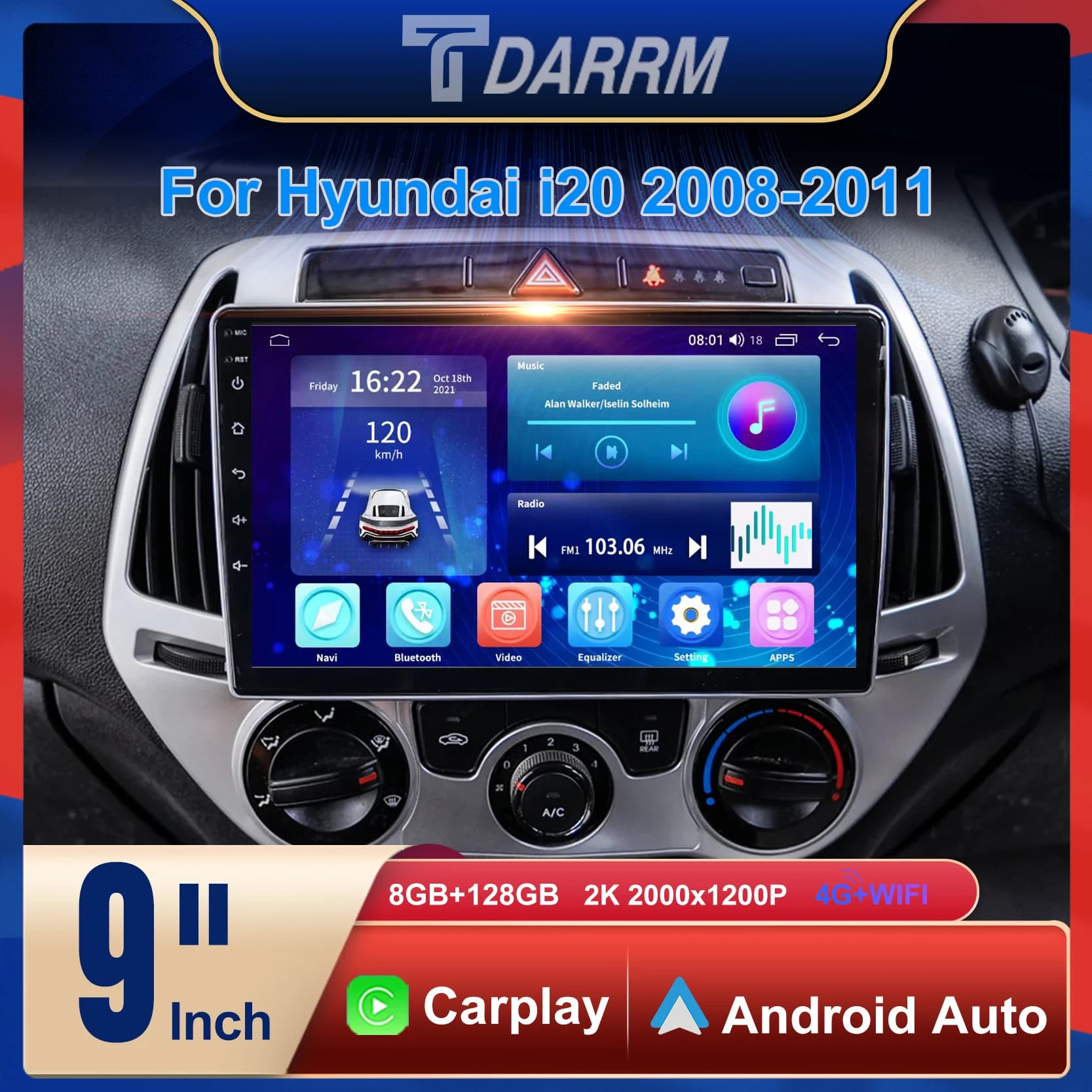 Autoradio Automotivo Auto Stereo Multimediale Per Hyundai i20 2008 - 2011 Navigazione WiFi/4G GPS Android 12 Lettore Schermo Carpaly