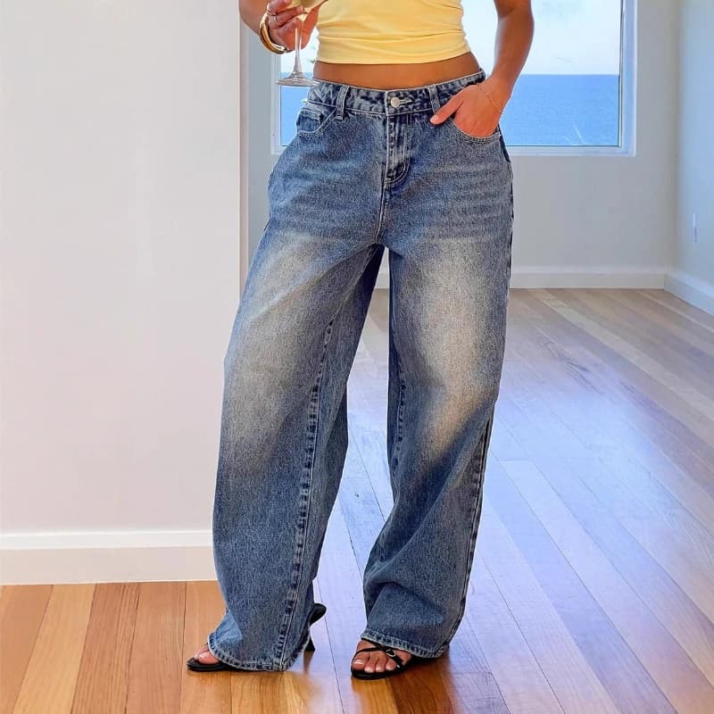 Jeans da Donna Vintage Lavati a Vita Media con Tasche a Cuore, Stile Casual da Lavoro, Basic, con Inserti, Collezione Primavera 2026