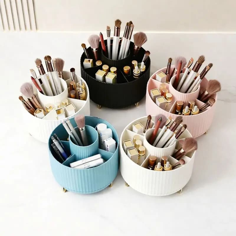 360 ° Rotating makeup organizer – 1 plastic container with 5 brushes, lipsticks and more