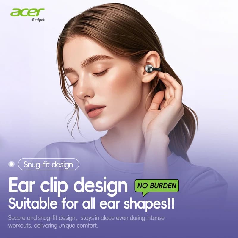 Cuffie Bluetooth wireless Acer Ohr577 con design a clip per l'orecchio, riduzione del rumore ad alta definizione, cuffie open-style, comfort