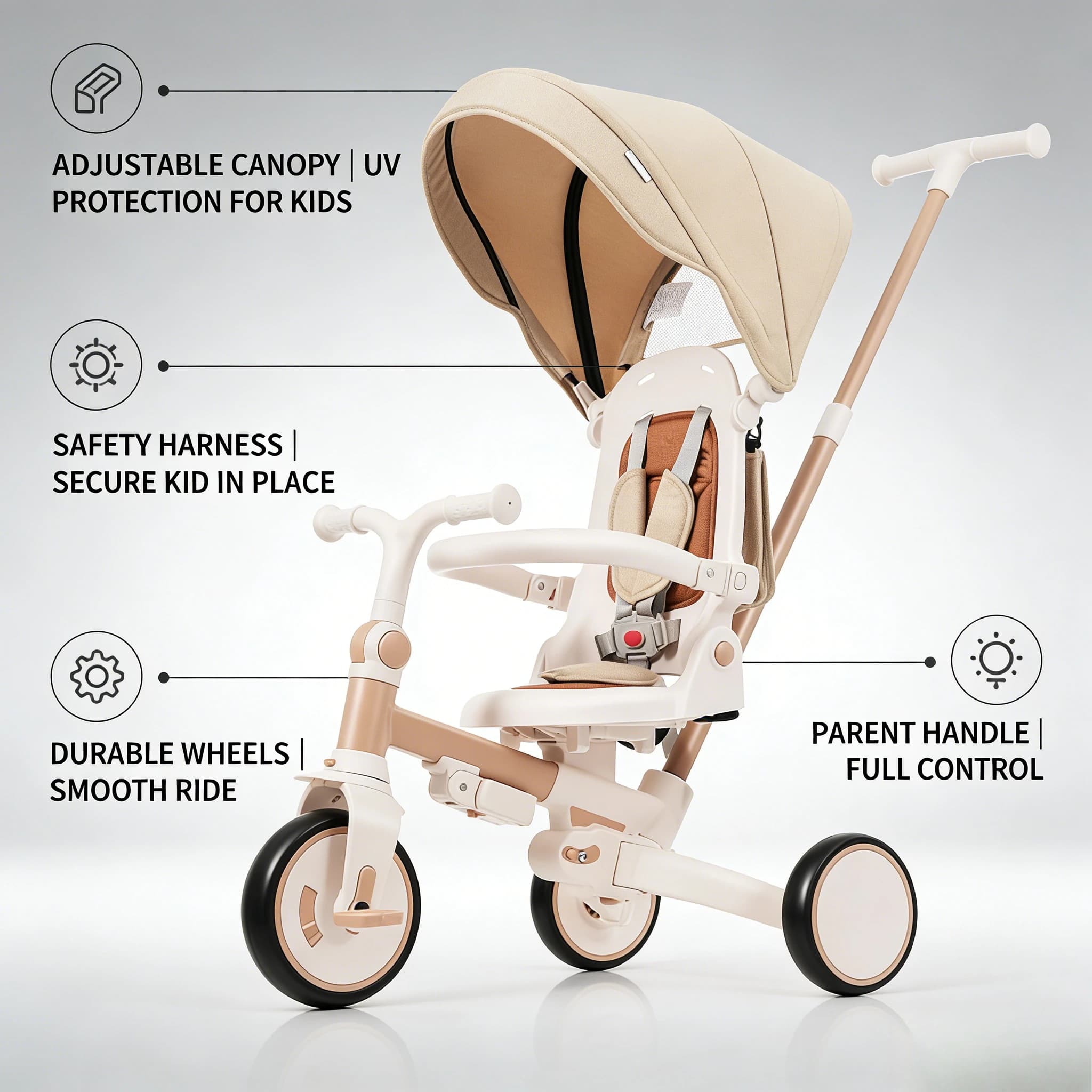Foldable Tricycle 7 in 1 for Children in Aluminum Alloy, Bike with Removable Handle and Hood, 12-72 Months, Light Brown