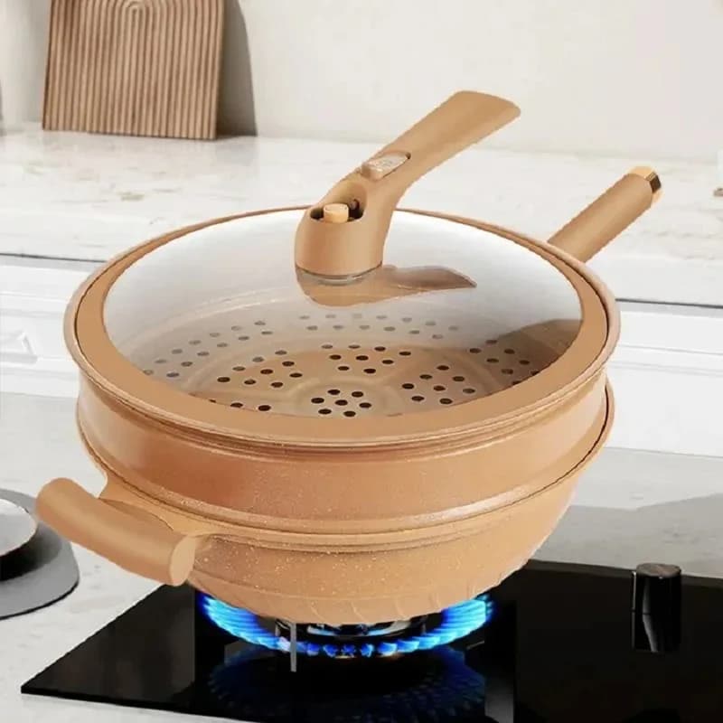 Wok in argilla di alluminio antiaderente con coperchio e cestello per cottura a vapore Padella multifunzionale Set di pentole per cottura a pressione Miccro