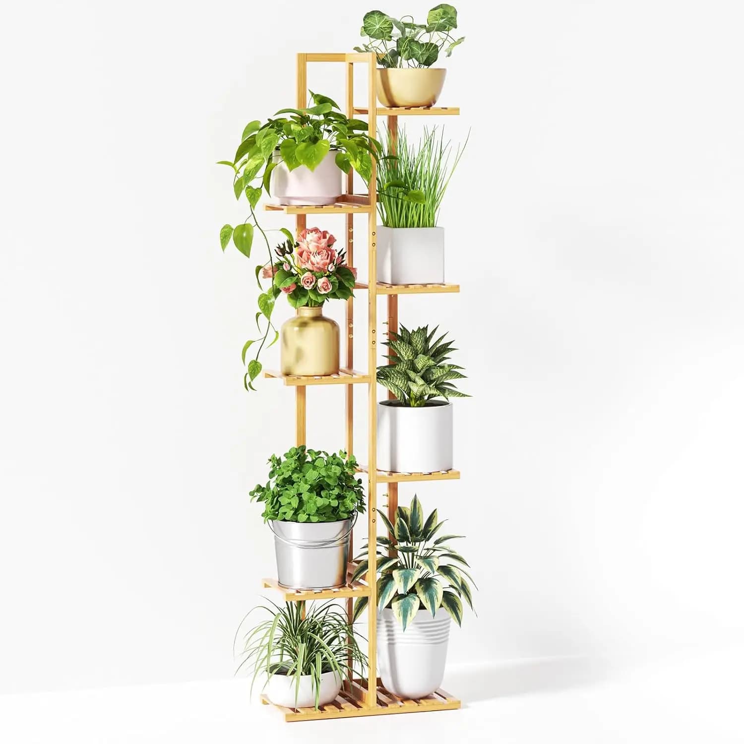 7-level bamboo plant support 55 inch high for indoor plants, can contain 8 vessels, natural angle shelf