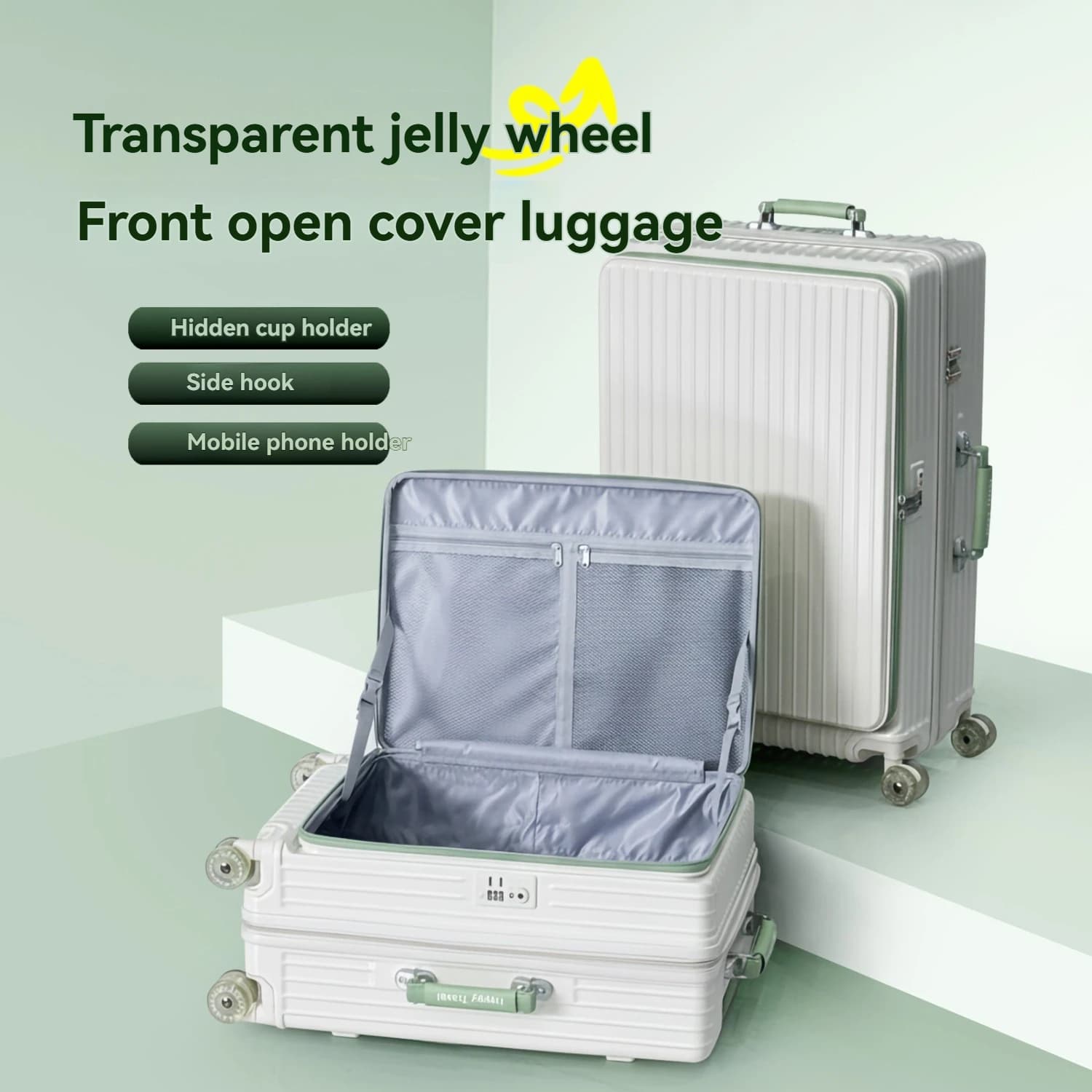Set da 1 pezzo di valigia da viaggio con apertura frontale e ruote in gel, trolley con strato espandibile da 5 cm, maniglia in pelle, borsa da viaggio con supporto per telefono, portabicchieri pieghevole, funzione gancio laterale, lucchetto doganale, adatta per vacanze al mare e viaggi a lunga distanza