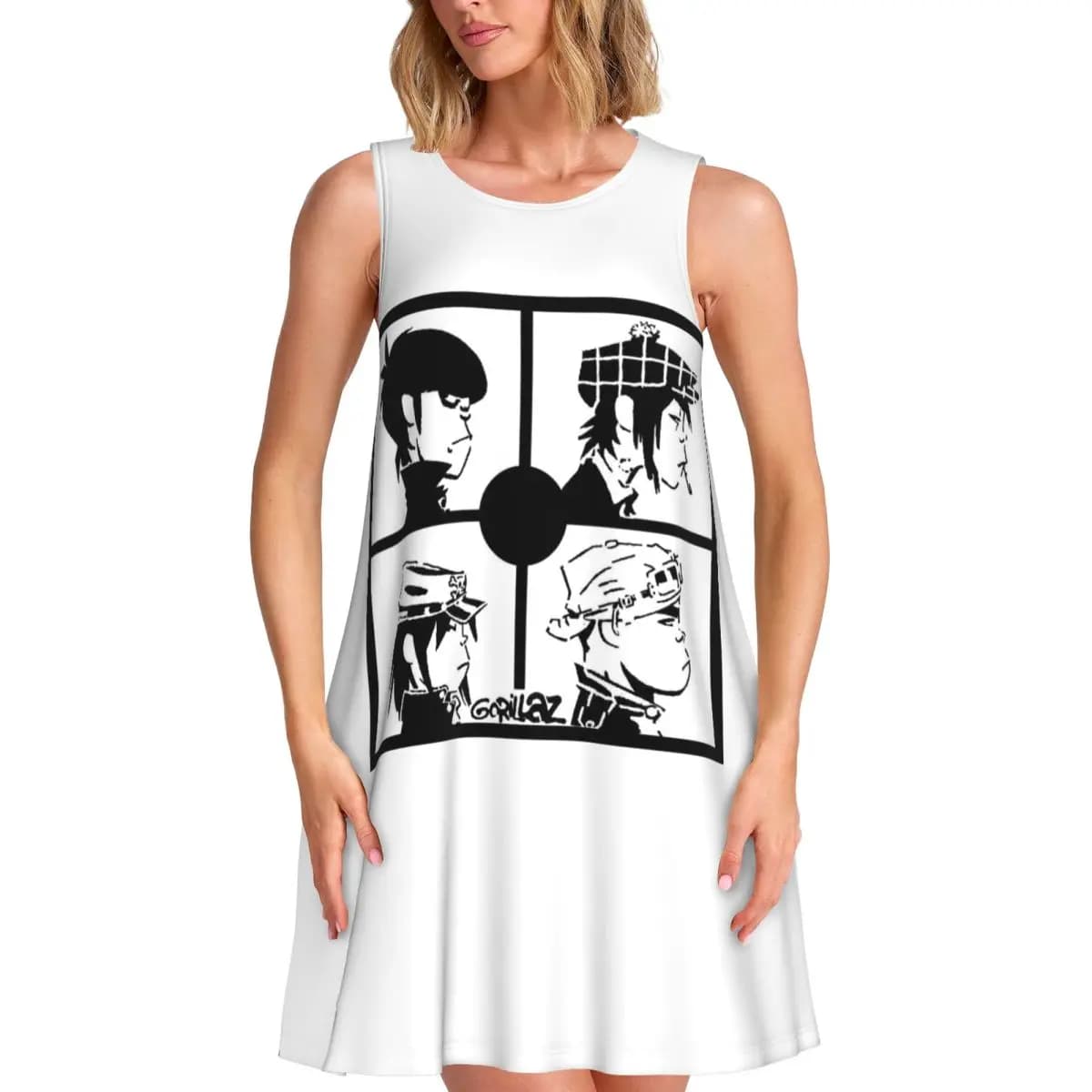 Abito estivo da donna a maniche corte Gorillaz Punk Rock Band, elegante, senza maniche, con scollo rotondo, vestito ampio per il weekend e le vacanze