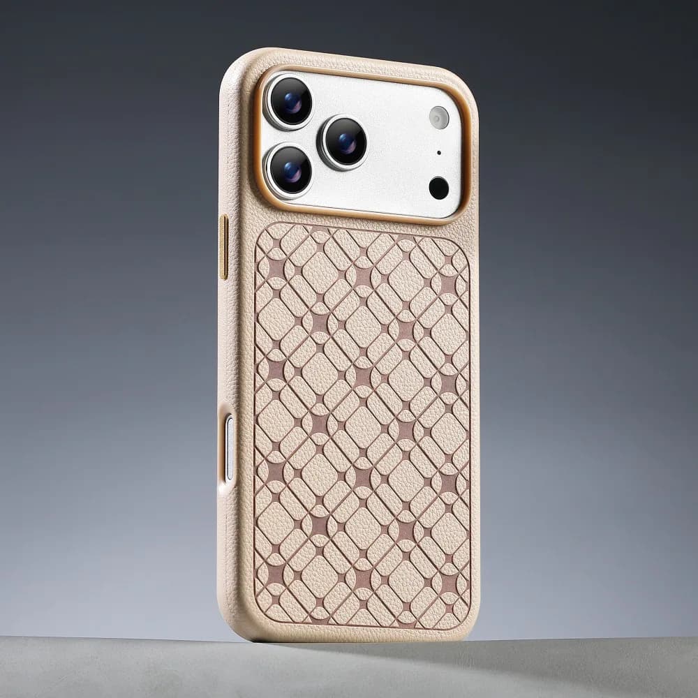 Custodia Protettiva Premium in Pelle PU Effetto Litchi per iPhone 17 16 15 Pro Max con Motivo 3D Intagliato e Protezione Antiurto