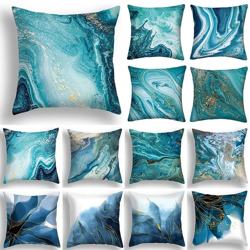 Fodera per cuscino in marmo blu 45x45 cm Cuscino per divano con motivo Sea Rock Foglia astratta quadrata