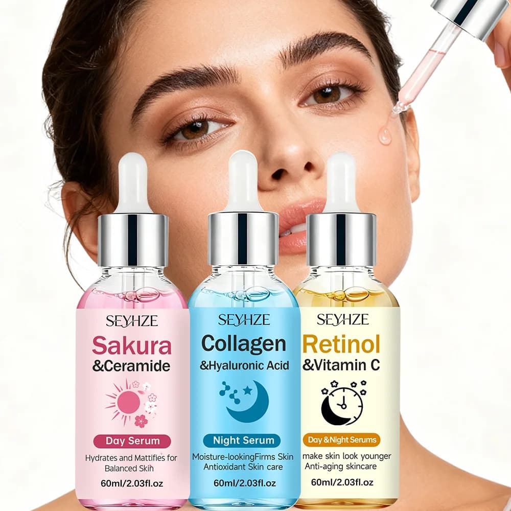SEYHZE Serum Hydrating Face Day and Night - 3 Pieces with Vitamin C, Retinol, Collagen, Hyaluronic Acid, Ceramide, Peptide, Sakura to Light Skin