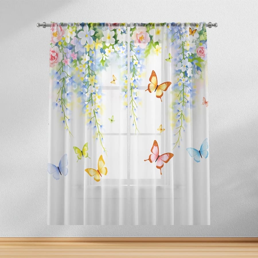 2PCS Digital Print Sheer Curtains, Flower Vine Dancing Butterfly, Nature Spring Garden for Bedroom Living Room Home Decor