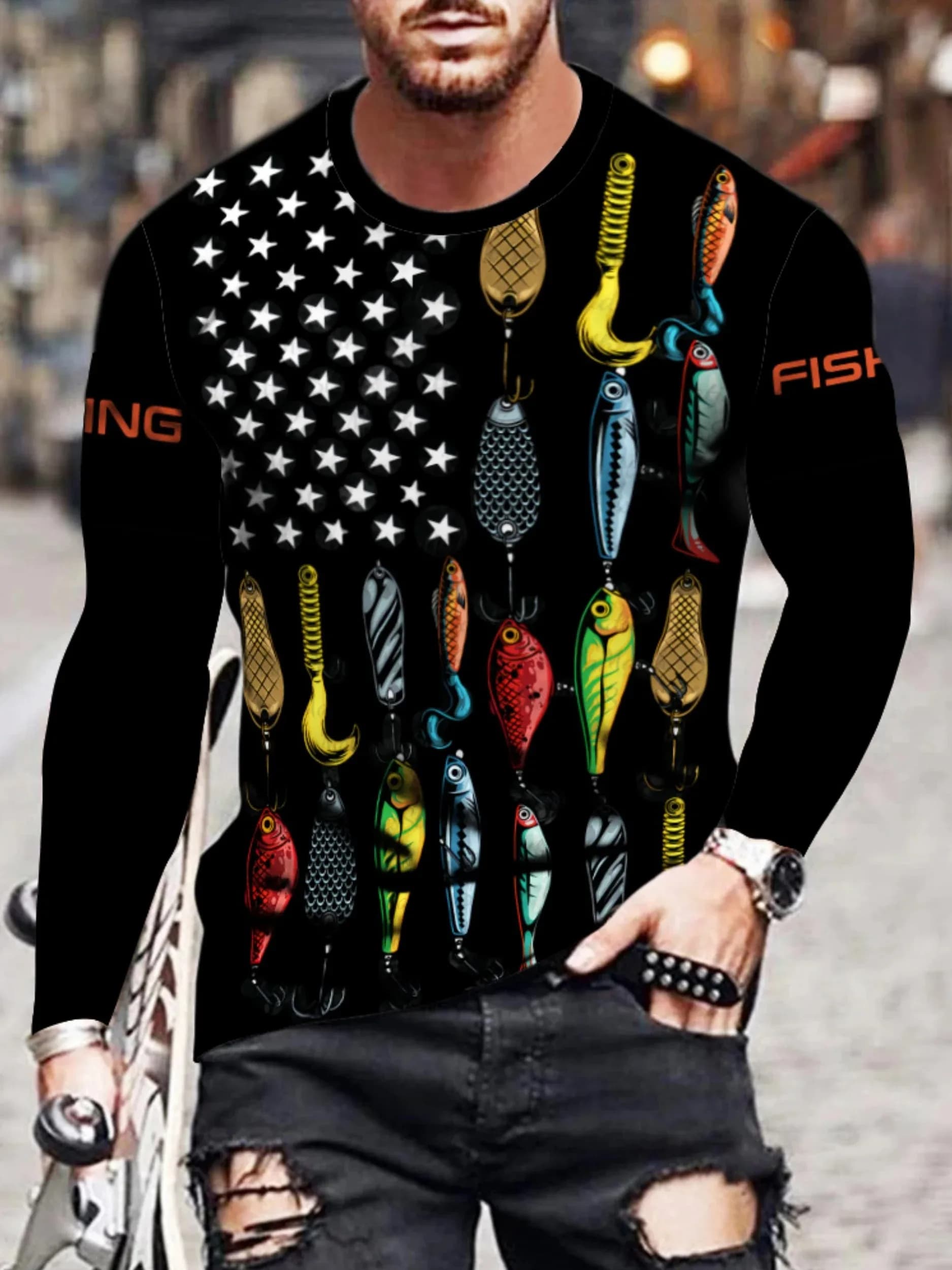 Tuta da Pesca 3D da Uomo a Maniche Lunghe ad Asciugatura Rapida con Stampa Esche, Assorbente, per Pesca, Escursionismo e Sport, Accessori da Pesca