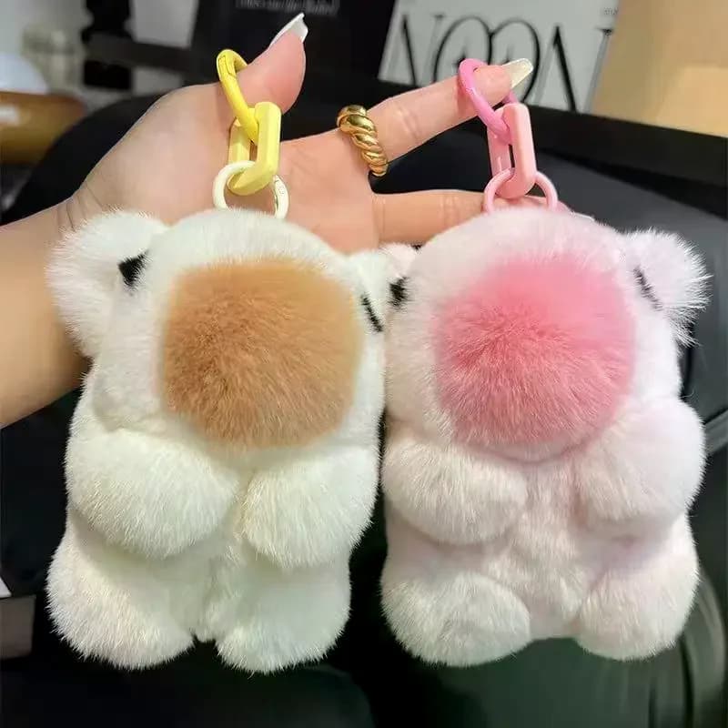 1Pcs Capybara Women Bag Charm Jewelry Pendant Mini Rex Rabbit Fur Bunny Keychain Girl Toy Car Key Metal Ring Classic Ornament