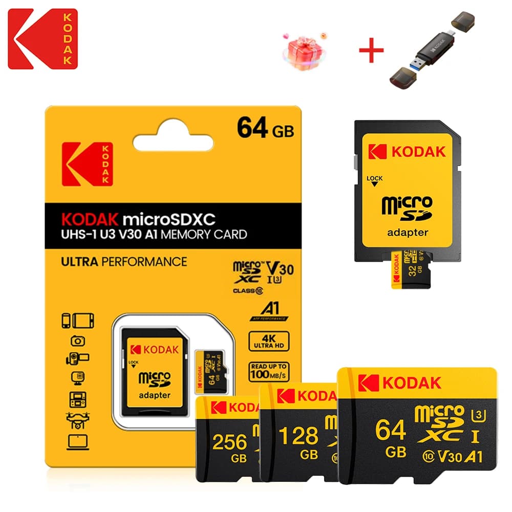 Scheda Micro SD Kodak Ultra oro nero 128 GB 32 GB 64 GB 256G Scheda di memoria TF Schede di memoria Flash Card per fotocamera del telefono + lettore di schede