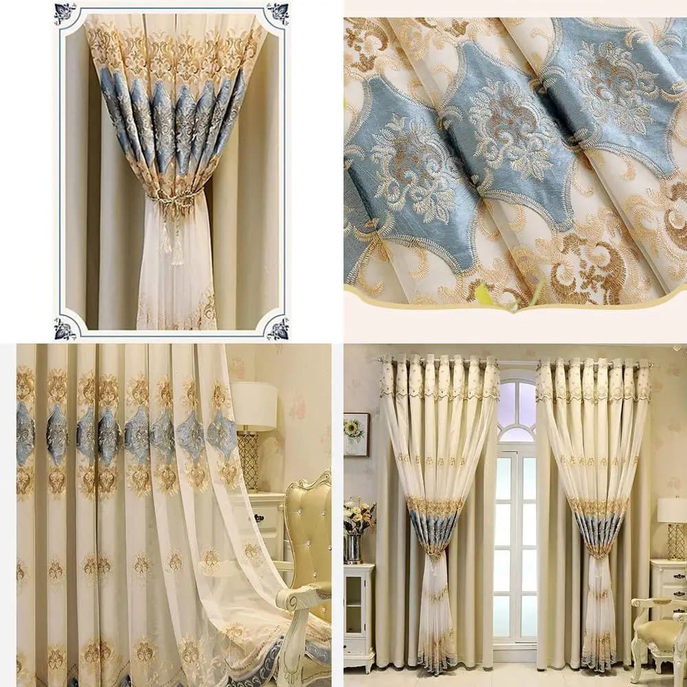 European Luxury Double Layer Beige Curtains with Voile, 132x244 cm, for Living Room and Bedroom