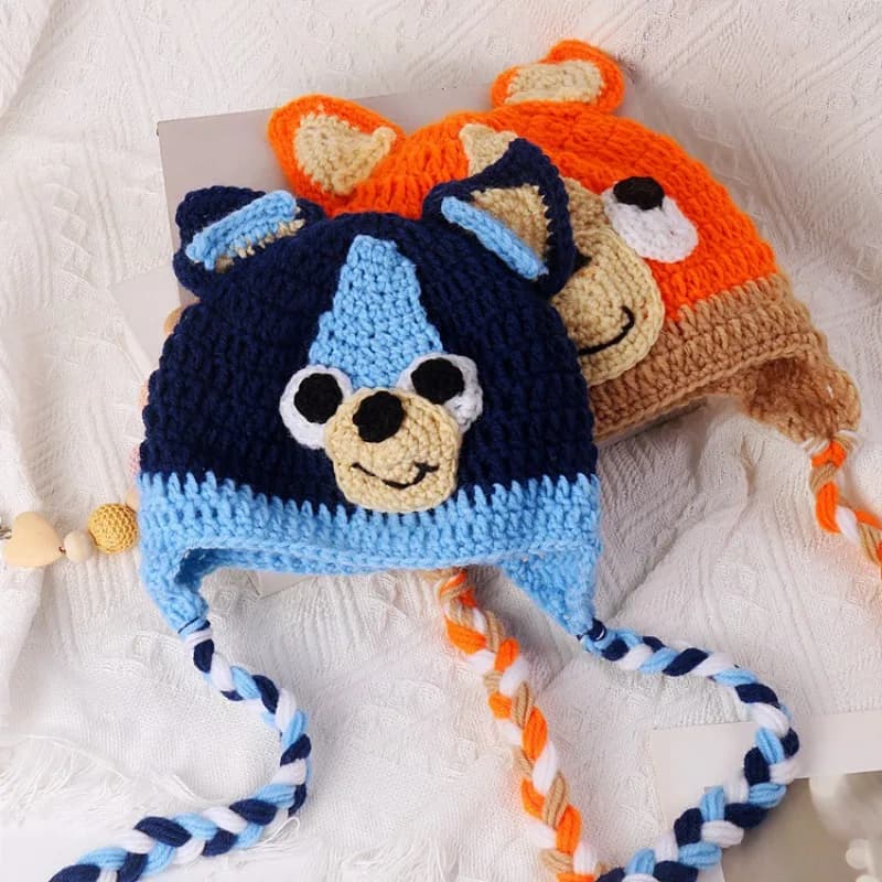 Nuovo Stile Creativo Cappello Animale Cartone Animato Blu Occhi Blu, Tessuto a Mano, per Bambini e Bambine, con Protezione per le Orecchie, Prodotti Decorativi