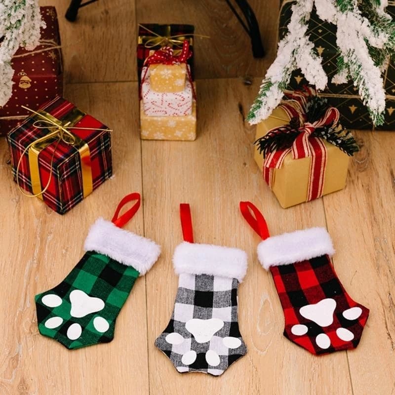 Christmas for Cat Paw Plaid Stocking Tree Hanging Ornament Gift Decor for Children‘s Day Party Gift