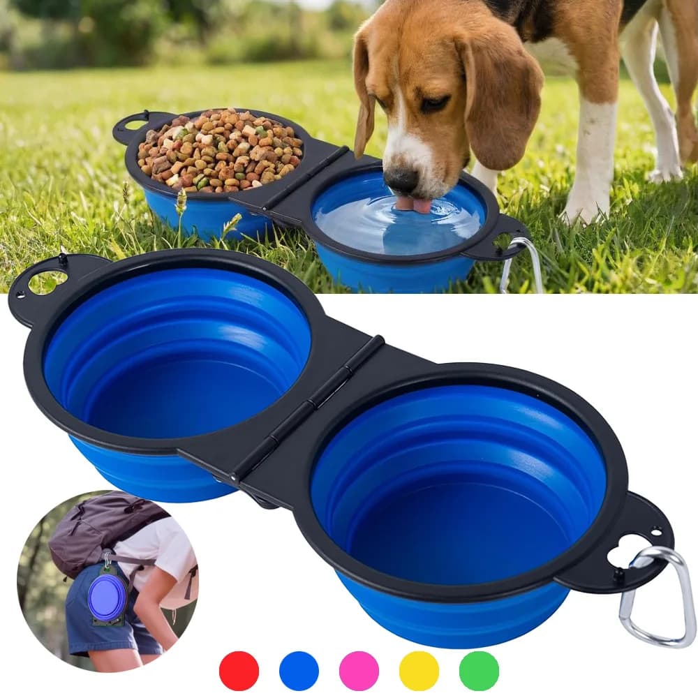Ciotole Pieghevoli 2-in-1 per Animali Domestici, Doppia Ciotola per Cibo e Acqua, Portatile e Ribaltabile per Cani e Gatti, Ideale per Passeggiate e Campeggio