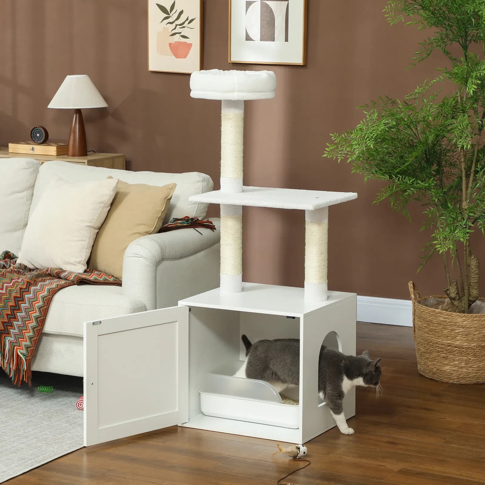 Albero per Gatti con Recinto per Lettiera, Torre per Gatti 2-in-1 per Gatti da Interno