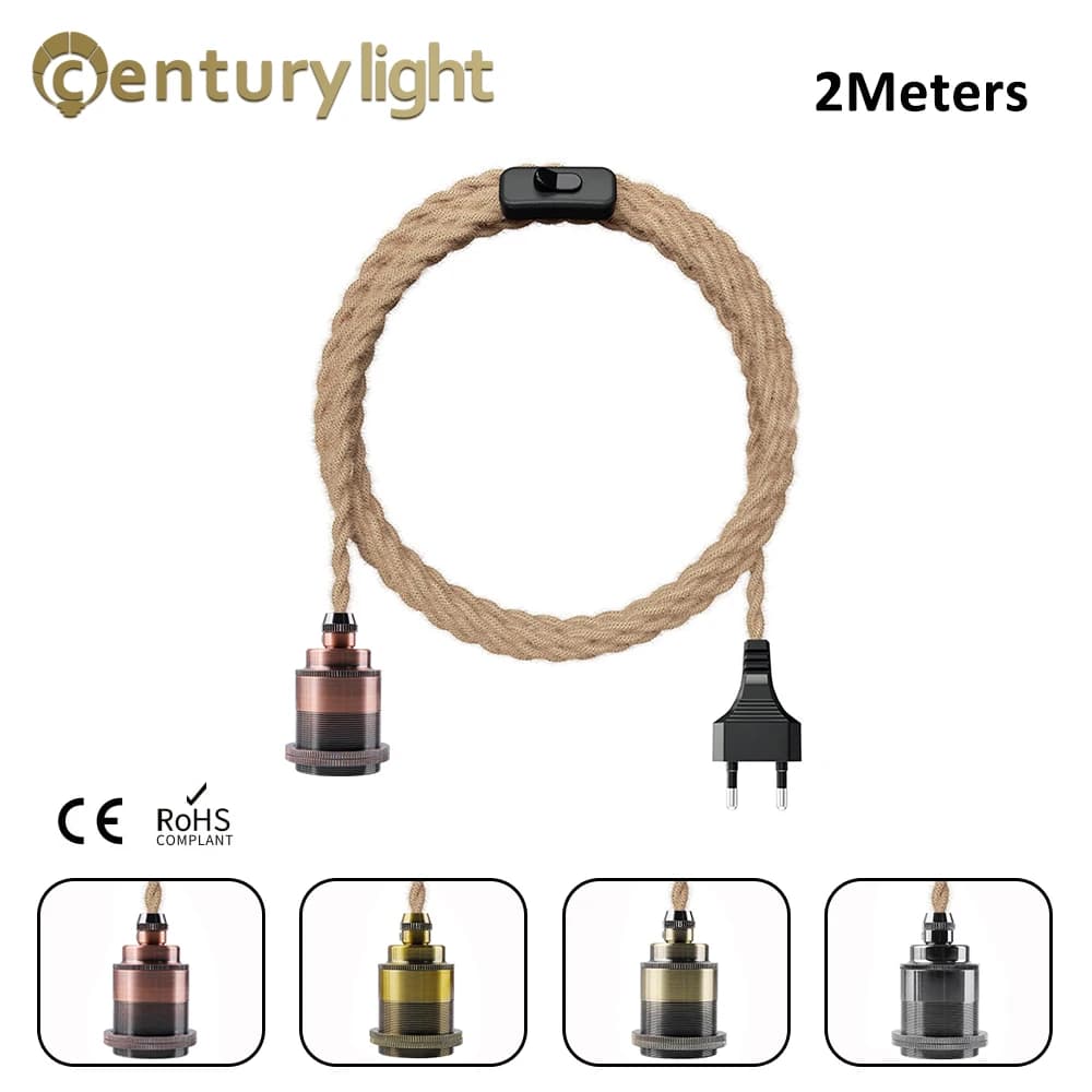 Vintage Power Cable Suspension Lamp Hemp rope cables 2 m E26 E27 Portalampada Presa Spina UE Switch Industrial Suspension Lamp