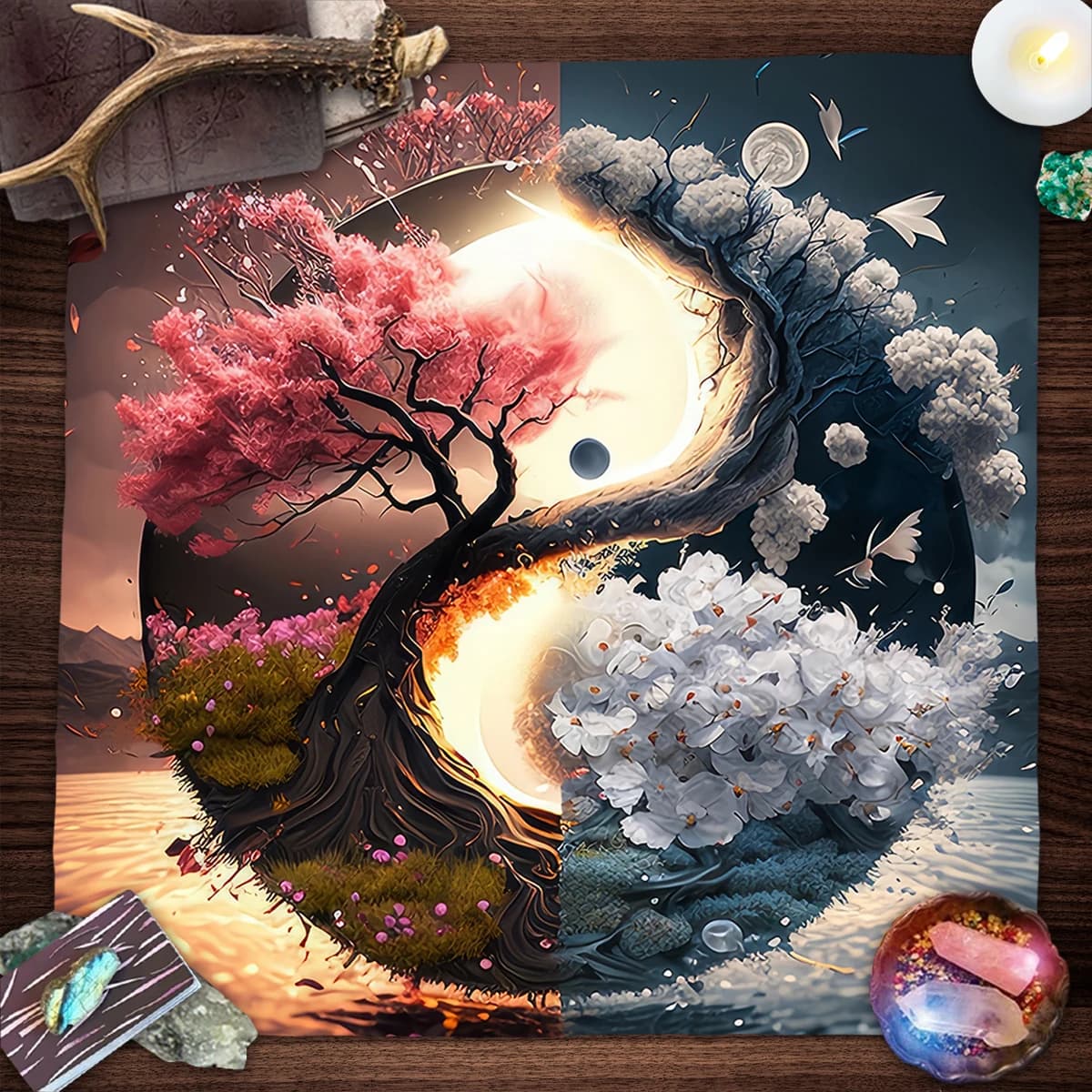 Albero della vita Altare Panno Tarocchi Tovaglia Ruota Rossa dell'anno Tarocchi Zerbino per Tarocchi Oracle Card Pad Divinazione Panno Decorazioni per la casa