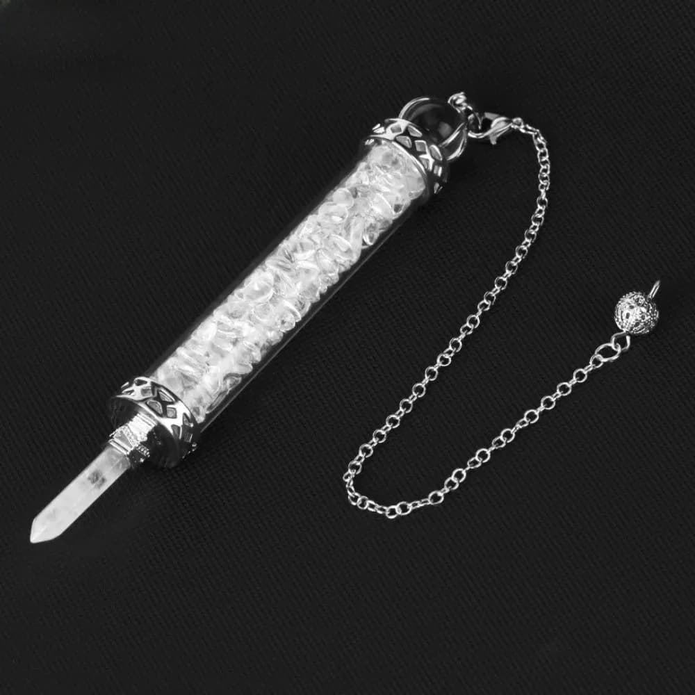 Pendolo al quarzo in pietra di cristallo con pendente a catena Design con bottiglia dei desideri Pendolo da rabdomanzia in quarzo trasparente a forma lunga