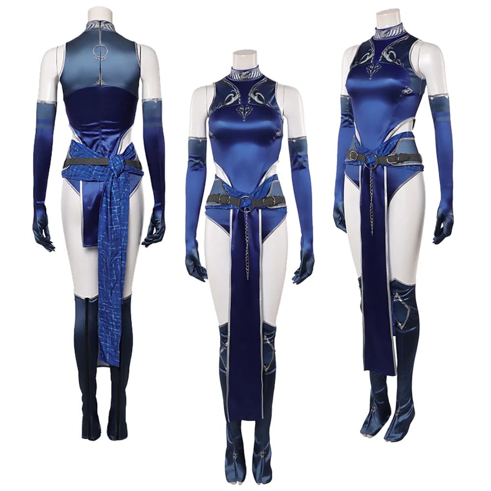 Costume Cosplay Kitana di Mortal Kombat per Donne, Body Blu, Guanti, Cintura, Gonna, Accessori per Cosplay, Outfit per Halloween e Carnevale