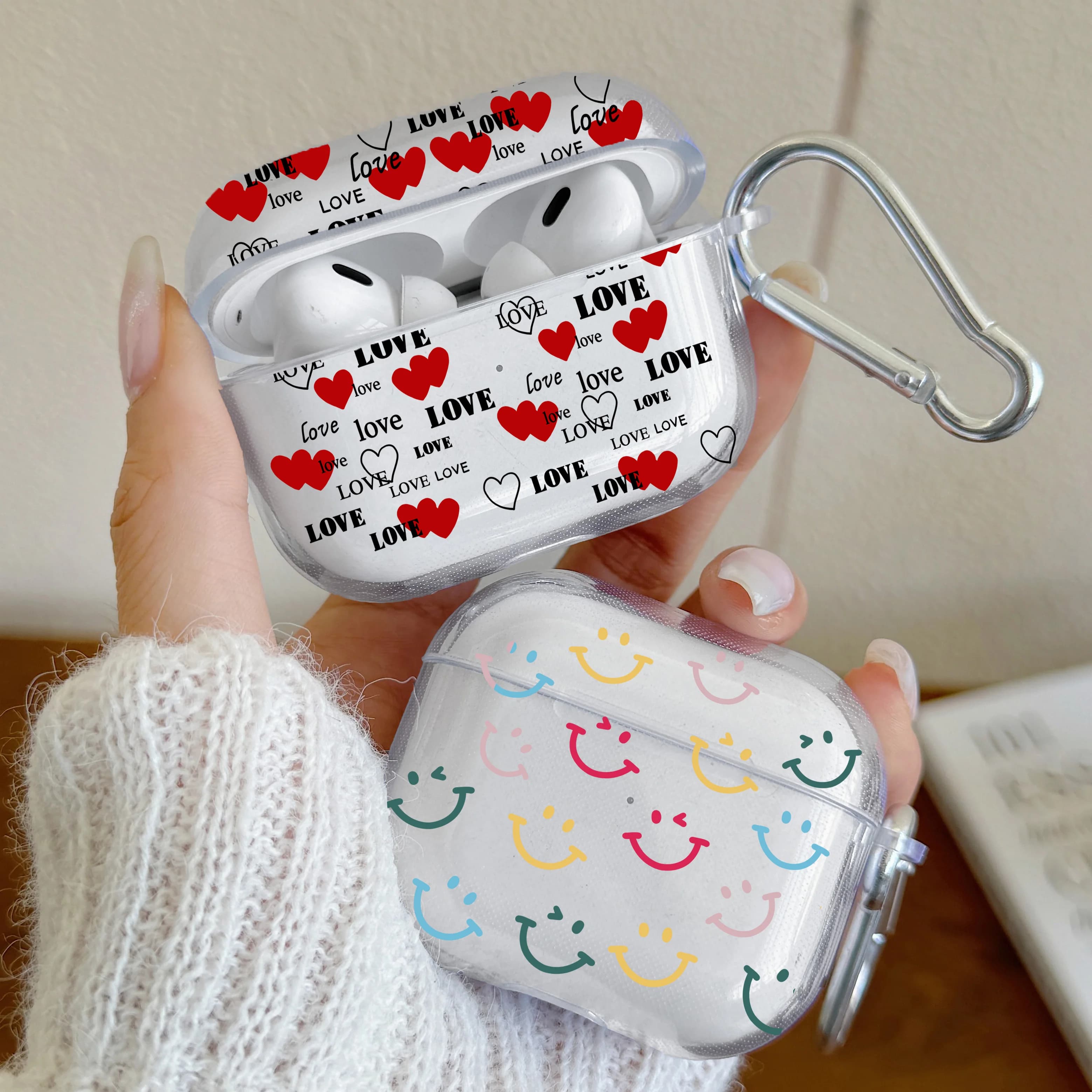 Per AirPods 3/4 Custodia per auricolari in silicone TPU trasparente Simpatico faccina sorridente colorata per Airpods Pro/Pro2 con custodia protettiva portachiavi