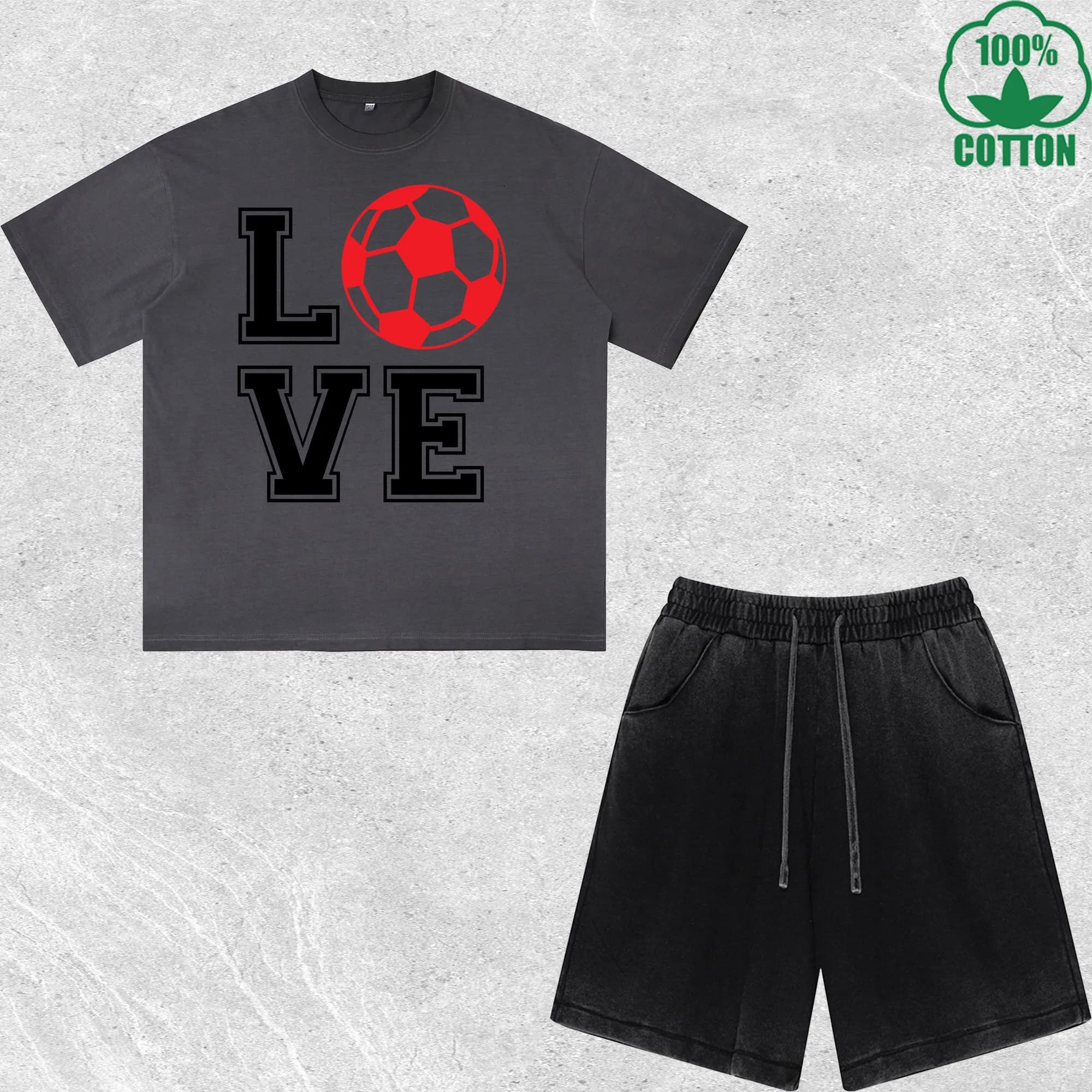 Set T-Shirt and Shorts with Print 'Love Soccer', Effect Washed, Style Trendy and Comfortable, 100% Cotton, Confectioner