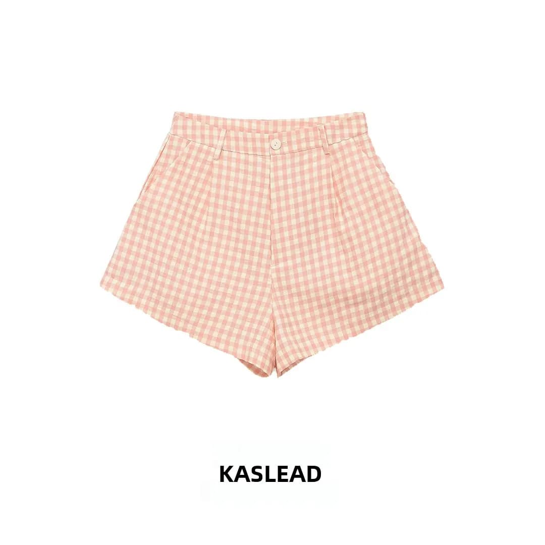KASLEAD Fashionable Simple Mid-Waist Plaid Casual Shorts Women's Clothing Stylish Autumn Spring Season Polyester Fiber