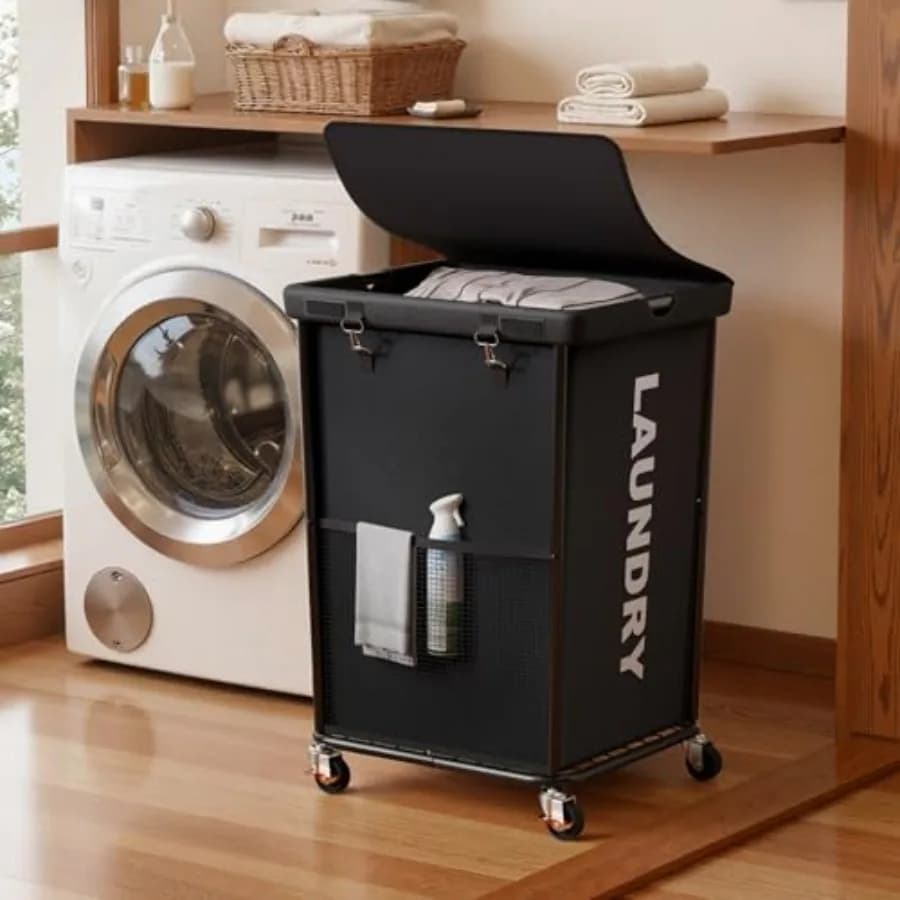 Cesto portabiancheria da 150L con ruote, cesto portabiancheria mobile con rivestimento in tessuto, carrello portabiancheria con telaio in metallo e borsa rimovibile, grande D