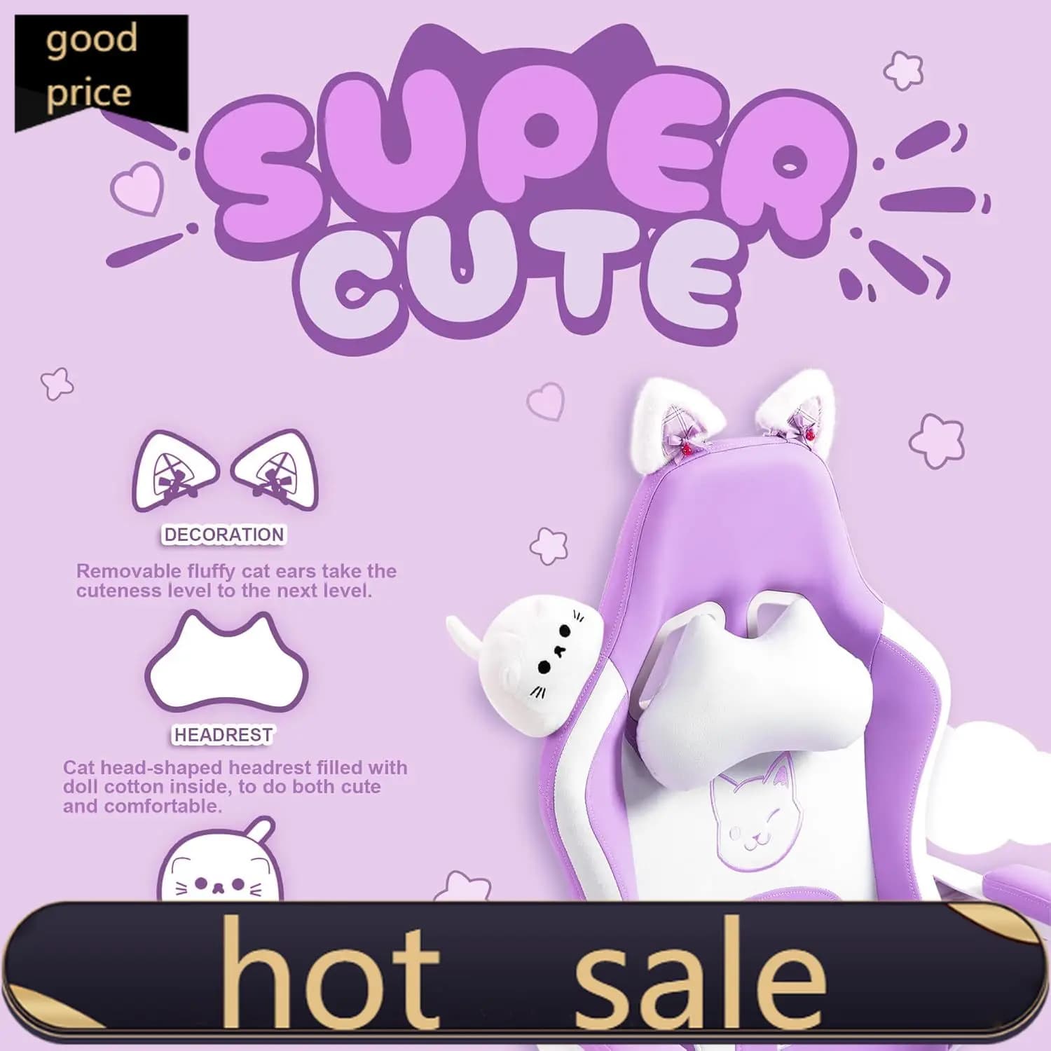 Sedia da Gaming Carina con Orecchie da Gatto e Supporto Lombare Massaggiante, Sedia Ergonomica da Computer per Ragazze con Poggiapiedi e Poggiatesta, Confortevole